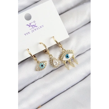 ÇOK SATAN Pirinç Zirkon Taşlı 3lü Fatmanın Gözü Model Gold Renk Kadın Küpe