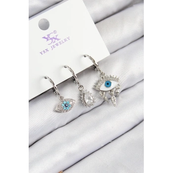 ÇOK SATAN Pirinç Zirkon Taşlı 3lü Fatmanın Gözü Model Gümüş Renk Kadın Küpe