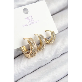 ÇOK SATAN Pirinç Zirkon Taşlı 3lü Halka Model Gold Renk Kadın Küpe
