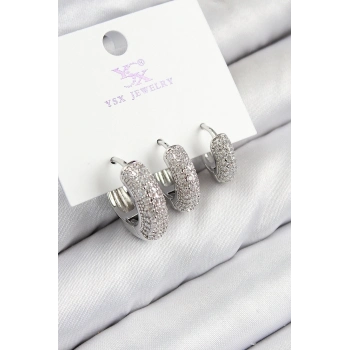 ÇOK SATAN Pirinç Zirkon Taşlı 3lü Halka Model Gümüş Renk Kadın Küpe