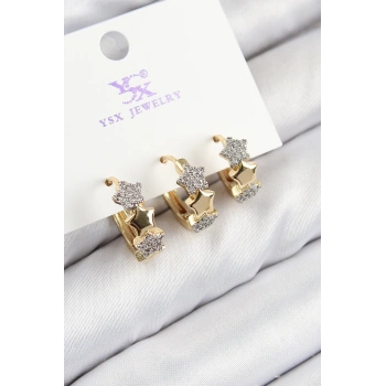 ÇOK SATAN Pirinç Zirkon Taşlı 3lü Halka Yıldız Model Gold Ve Gümüş Renk Kadın Küpe