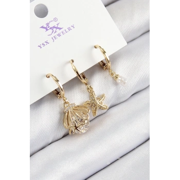 ÇOK SATAN Pirinç Zirkon Taşlı 3lü İstiridye Ve Yıldız Model Gold Renk Kadın Küpe