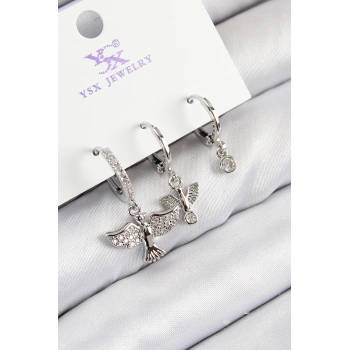 ÇOK SATAN Pirinç Zirkon Taşlı 3lü Kuş Model Gümüş Renk Kadın Küpe