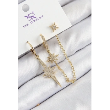 ÇOK SATAN Pirinç Zirkon Taşlı 3lü Kutup Yıldızı Model Gold Renk Kadın Küpe