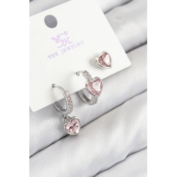 ÇOK SATAN Pirinç Zirkon Taşlı 3lü Pembe Kalp Model Gümüş Renk Kadın Küpe