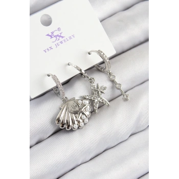 ÇOK SATAN Pirinç Zirkon Taşlı 3lü Yıldız Ve İstiridye Model Gümüş Renk Kadın Küpe