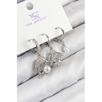 ÇOK SATAN Pirinç Zirkon Taşlı 3lü Yunus Balığı Ve İstiridye Model Gümüş Renk Kadın Küpe