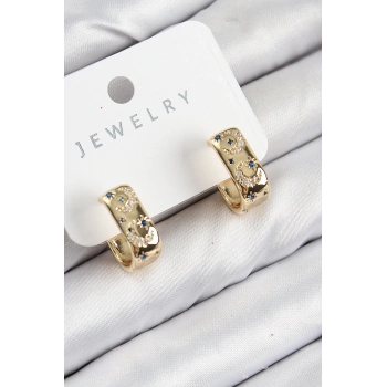 ÇOK SATAN Pirinç Zirkon Taşlı Ay Desenli Model Gold Renk Kadın Küpe