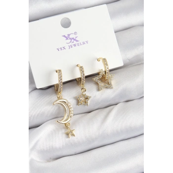 ÇOK SATAN Pirinç Zİrkon Taşlı Ay Ve Hilal Model Gold Renk 3lü Kadın Küpe