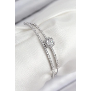 ÇOK SATAN Pirinç Zirkon Taşlı Baget Model Gümüş Renk Kadın Bileklik