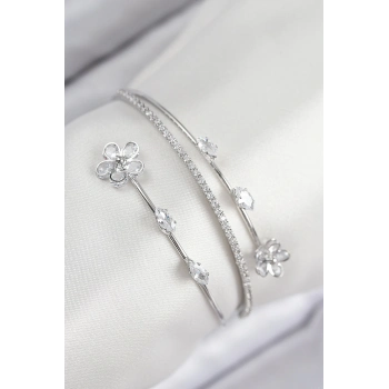 ÇOK SATAN Pirinç Zirkon Taşlı Çiçek Model Gümüş Renk Kadın Bileklik