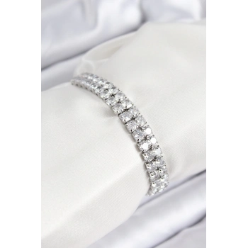 ÇOK SATAN Pirinç Zirkon Taşlı Çift Sıra Kare Model Gümüş Renk Asansörlü Kadın Bileklik