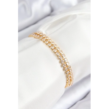 ÇOK SATAN Pirinç Zirkon Taşlı Çift Sıra Model Gold Renk Asansörlü Kadın Bileklik