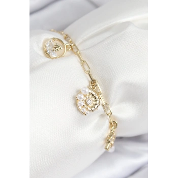 ÇOK SATAN Pirinç Zirkon Taşlı Deniz Kabuğu Model Gold Renk Kadın Bileklik