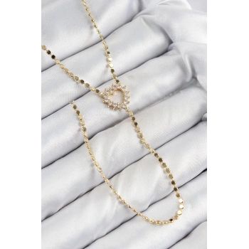 ÇOK SATAN Pirinç Zirkon Taşlı Ezme Zincirli Kalp Model Gold Renk Y Kolye