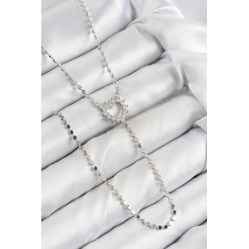 ÇOK SATAN Pirinç Zirkon Taşlı Ezme Zincirli Kalp Model Gümüş Renk Y Kolye