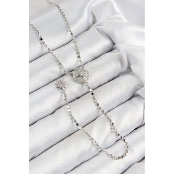 ÇOK SATAN Pirinç Zirkon Taşlı Ezme Zincirli Madalyon Model Gümüş Renk Y Kolye