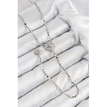 ÇOK SATAN Pirinç Zirkon Taşlı Ezme Zincirli Madalyon Model Gümüş Renk Y Kolye