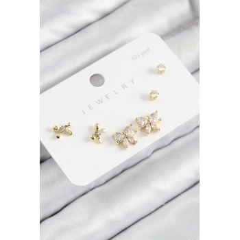 ÇOK SATAN Pirinç Zirkon Taşlı Fiyonk Model Gold Renk 925 Ayar Gümüş Çivi Kadın Küpe Set