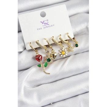 ÇOK SATAN Pirinç Zİrkon Taşlı Gül Ve Papatya Model Gold Renk 3lü Çift Kadın Küpe