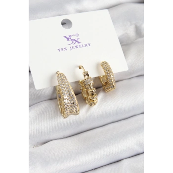 ÇOK SATAN Pirinç Zİrkon Taşlı Halka Model Gold Renk 3lü Kadın Küpe