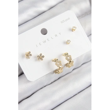 ÇOK SATAN Pirinç Zirkon Taşlı Halka Model Gold Renk 925 Ayar Gümüş Çivi Kadın Küpe Set