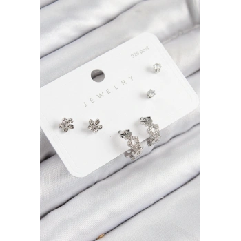 ÇOK SATAN Pirinç Zirkon Taşlı Halka Model Gümüş Renk 925 Ayar Gümüş Çivi Kadın Küpe Set