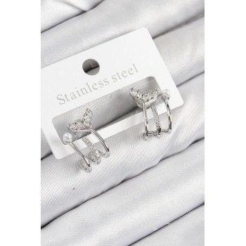 ÇOK SATAN Pirinç Zirkon Taşlı İnci Detaylı Balık Kuyruğu Model Gümüş Renk Kadın Küpe