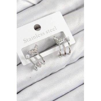 ÇOK SATAN Pirinç Zirkon Taşlı İnci Detaylı Balık Kuyruğu Model Gümüş Renk Kadın Küpe