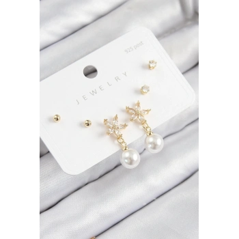 ÇOK SATAN Pirinç Zirkon Taşlı İnci Sallantılı Çiçek Model Gümüş Renk 925 Ayar Gümüş Çivi Kadın Küpe Set