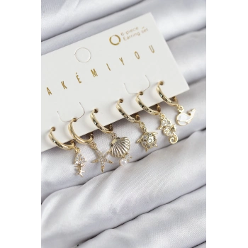 ÇOK SATAN Pirinç Zirkon Taşlı İstiridye Balina Ve Yıldız Gold Renk 6lı Küpe Set