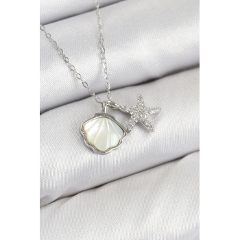 ÇOK SATAN Pirinç Zirkon Taşlı İstiridye Ve Deniz Yıldızı Model Gümüş Renk Kadın Kolye