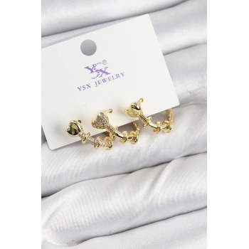 ÇOK SATAN Pirinç Zİrkon Taşlı Kalp Model Gold Renk 3lü Kadın Küpe