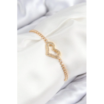 ÇOK SATAN Pirinç Zirkon Taşlı Kalp Model Gold Renk Asansörlü Kadın Bileklik