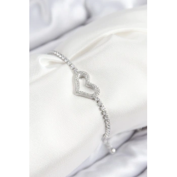 ÇOK SATAN Pirinç Zirkon Taşlı Kalp Model Gümüş Renk Asansörlü Kadın Bileklik