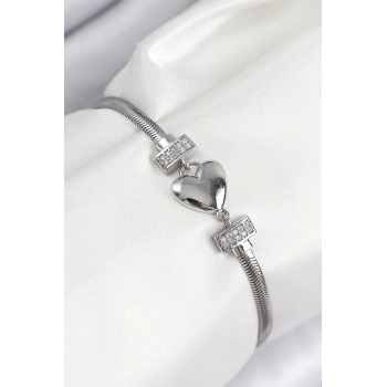 ÇOK SATAN Pirinç Zirkon Taşlı Kalp Model Gümüş Renk Kadın Bileklik