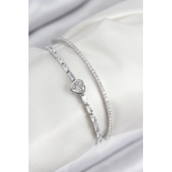 ÇOK SATAN Pirinç Zirkon Taşlı Kalp Model Gümüş Renk Kadın Bileklik