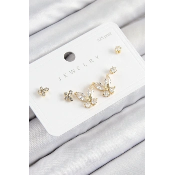 ÇOK SATAN Pirinç Zirkon Taşlı Kelebek Model Gold Renk 925 Ayar Gümüş Çivi Kadın Küpe Set