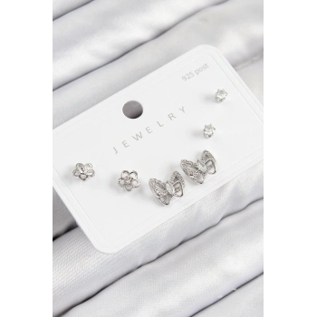 ÇOK SATAN Pirinç Zirkon Taşlı Kelebek Model Gümüş Renk 925 Ayar Gümüş Çivi Kadın Küpe Set
