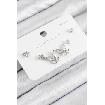 ÇOK SATAN Pirinç Zirkon Taşlı Kelebek Model Gümüş Renk 925 Ayar Gümüş Çivi Kadın Küpe Set