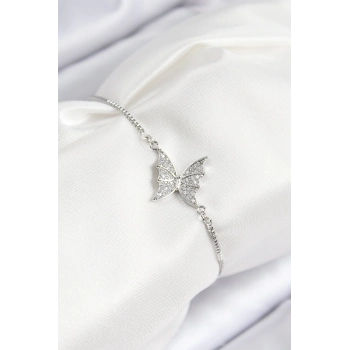 ÇOK SATAN Pirinç Zirkon Taşlı Kelebek Model Gümüş Renk Asansörlü Kadın Bileklik