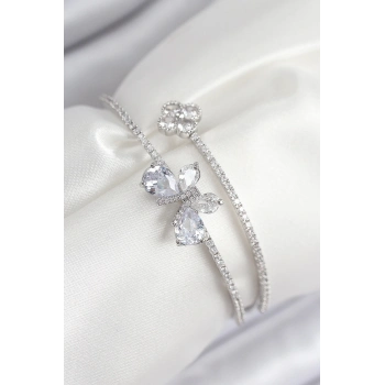 ÇOK SATAN Pirinç Zirkon Taşlı Kelebek Ve Yonca Model Gümüş Renk Kadın Bileklik