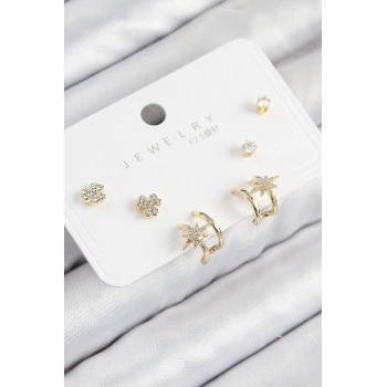 ÇOK SATAN Pirinç Zirkon Taşlı Kutup Yıldızı Model Gold Renk 925 Ayar Gümüş Çivi Kadın Küpe Set