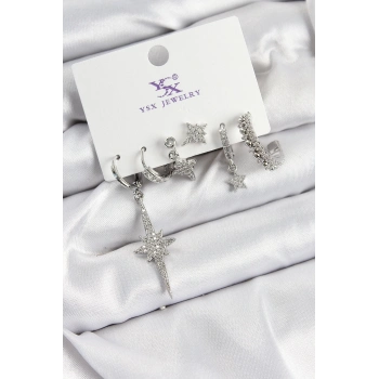 ÇOK SATAN Pirinç Zİrkon Taşlı Kutup Yıldızı Model Gümüş Renk 3lü Çift Kadın Küpe