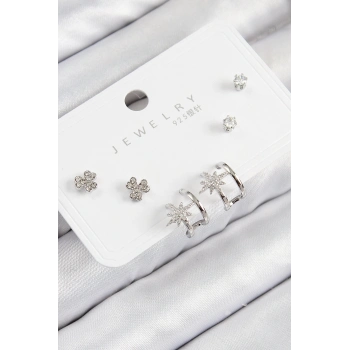 ÇOK SATAN Pirinç Zirkon Taşlı Kutup Yıldızı Model Gümüş Renk 925 Ayar Gümüş Çivi Kadın Küpe Set