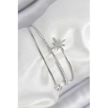 ÇOK SATAN Pirinç Zirkon Taşlı Kutup Yıldızı Model Gümüş Renk Kadın Bileklik