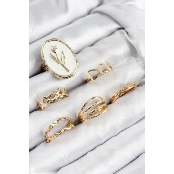 ÇOK SATAN Pirinç Zirkon Taşlı Lale Model Gold Renk Kadın Yüzük Kombin Set