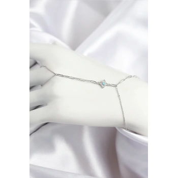 ÇOK SATAN Pirinç Zirkon Taşlı Mavi Boncuklu Yonca Model Gümüş Renk Şahmeran