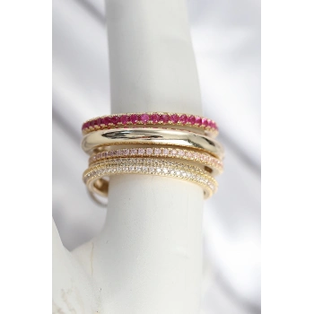 ÇOK SATAN Pirinç Zirkon Taşlı Mix Renk 3Lü Kadın Yüzük