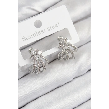 ÇOK SATAN Pirinç Zirkon Taşlı Model Gümüş Renk Kadın Küpe